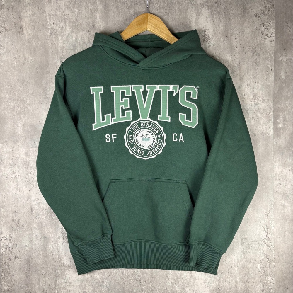 Levis Boys Large Green Graphic Logo Pullover Hoodie SF CA Crest Sweatshirt